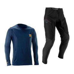 Komplet rowerowy (koszulka+spodnie) LEATT Ride Kit MTB Gravity 1.0. Niebieskie spodnie materiałowe męskie LEATT, z aplikacjami, z tkaniny, wizytowe. Za 449.00 zł.