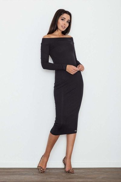 Czarna Ołówkowa Sukienka za Kolano z Szerokim Dekoltem. Czarne sukienki damskie Figl, l, bez wzorów, bez kołnierzyka, bez ramiączek, ołówkowe. Za 249.00 zł.