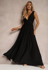 Czarna Sukienka Wieczorowa na Ramiączkach z Dekoltem w Szpic i Rozcięciem Nestanni. Czarne sukienki damskie Renee, na imprezę, m, bez wzorów, eleganckie, bez kołnierzyka, bez ramiączek, maxi, z odkrytymi ramionami. W wyprzedaży za 76.99 zł.
