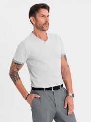 T-shirt męski z kontrastowymi wstawkami i dekoltem w serek – jasnoszary V4 OM-TSCT-0198 - XXL. Szare t-shirty męskie Ombre Clothing, l, bez wzorów, z dzianiny, bez kołnierzyka. Za 77.99 zł.