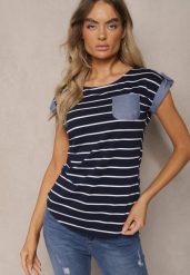 Czarny T-shirt z Bawełny z Ozdobną Kieszonką i Rękawkami w Paski Anacetsa. Czarne t-shirty damskie Renee, l, bez wzorów, z bawełny, bez kołnierzyka. Za 39.99 zł.
