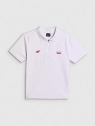 4F Koszulka kibica polo damska - biała XL. Białe bluzki damskie 4f, xl, bez wzorów, z materiału, bez kołnierzyka, bez ramiączek. Za 99.99 zł.