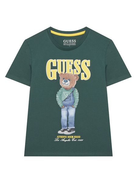 Guess T-Shirt L6RI11 K8HM4 Zielony Regular Fit. Zielone t-shirty chłopięce Guess, z aplikacjami, z bawełny, bez ramiączek. Za 99.99 zł.
