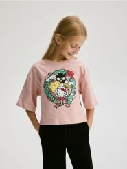 T-shirt Hello Kitty - brudny róż. Czerwone koszulki dziewczęce Reserved, bez wzorów, z bawełny, bez ramiączek. W wyprzedaży za 22.99 zł.