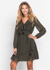 Sukienka kopertowa z falbanami. Zielone sukienki damskie bonprix, bez wzorów, bez kołnierzyka, bez ramiączek, kopertowe. Za 179.99 zł.