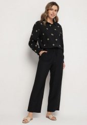 Czarny Komplet z Wiskozy o Kroju Oversize Koszula z Haftem i Spodnie Sadeonna. Czarne koszule damskie Born2be, bez wzorów, z wiskozy, eleganckie. Za 129.99 zł.