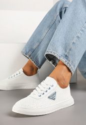 Biało-Niebieskie Tenisówki Zdobione Perforacją i Aplikacją Frolmio. Białe trampki i tenisówki damskie Born2be, z aplikacjami, z jeansu. Za 54.99 zł.