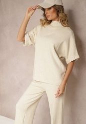 Jasnobeżowy Komplet Oversize z Dzianiny z Wiskozą T-shirt i Spodnie o Szerokim Kroju Linneathra. Brązowe spodnie materiałowe damskie Renee, bez wzorów, z dzianiny, eleganckie. Za 159.99 zł.