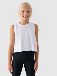 4F Crop top oversize dziewczęcy - biały 146 (10-11 lat). Białe koszulki dziewczęce 4f, bez wzorów, z bawełny, bez ramiączek. W wyprzedaży za 9.99 zł.