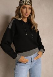 Czarna Bluza z Kapturem Ozdobiona Ściągaczami i Metaliczną Nitką Ulisiela. Czarne bluzy z kapturem damskie Renee, l, z jeansu. Za 69.99 zł.