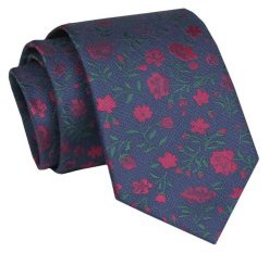 Krawat - ALTIES - Granatowy, Wzór w Kwiaty. Czerwone krawaty i muchy męskie Alties, bez wzorów, z tkaniny, eleganckie. Za 49.00 zł.