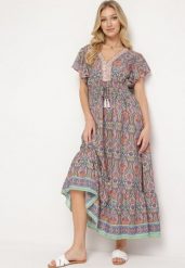 Pomarańczowa Sukienka w Stylu Boho z Cienkimi Gumkami w Pasie Ozdobiona Frędzlami Vitessa. Niebieskie sukienki damskie Born2be, s, bez wzorów, boho, bez kołnierzyka, bez ramiączek, maxi. W wyprzedaży za 71.99 zł.
