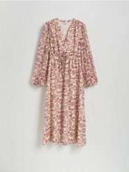 Wzorzysta sukienka maxi - wielobarwny. Sukienki damskie Reserved, l, bez wzorów, z tkaniny, bez kołnierzyka, bez ramiączek, maxi. Za 179.99 zł.
