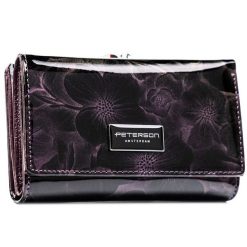 Modna fioletowa portmonetka damska w kwiaty portfel na zatrzask i bigiel lakierowana skóra ekologiczna i naturalna RFID STOP Peterson PTN PS108-FDS. Fioletowe portfele damskie Peterson, z aplikacjami, z lakierowanej skóry. Za 109.99 zł.