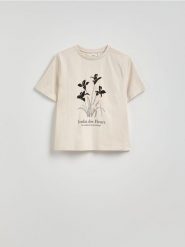 Bawełniany t-shirt z nadrukiem - beżowy. Brązowe t-shirty damskie Reserved, l, bez wzorów, z bawełny, bez kołnierzyka. W wyprzedaży za 29.99 zł.