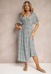 Niebieska Wiskozowa Sukienka w Stylu Boho z Krótkim Rękawem i Materiałowym Paskiem Giviata. Niebieskie sukienki damskie Renee, na co dzień, na lato, l, bez wzorów, z materiału, boho, bez kołnierzyka, plus size, bez ramiączek, maxi. W wyprzedaży za 87.99 zł.