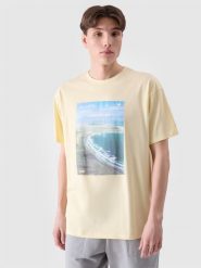 4F T-shirt oversize z nadrukiem męski - żółty L. Żółte t-shirty męskie 4f, l, bez wzorów, z bawełny, bez kołnierzyka. W wyprzedaży za 29.99 zł.
