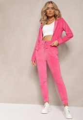 Fuksjowy Dresowy Komplet z Weluru Spodnie i Bluza z Kapturem na Suwak Styrena. Czerwone bluzy z kapturem damskie Renee, bez wzorów, z dresówki. Za 74.99 zł.