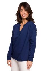 Efektowna Bluza z Wycięciem przy Dekolcie - Atramentowa. Niebieskie bluzy bez kaptura damskie MOE, l, z bawełny. Za 204.90 zł.