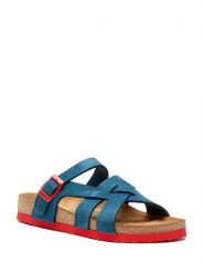 Comfortfusse Skórzane klapki w kolorze niebiesko-czerwonym rozmiar: 39. Czerwone klapki damskie Comfortfusse, bez wzorów, z nubiku, bez obcasa. Za 223.46 zł.