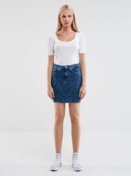 Spódnica damska mini jeansowa niebieska Aida 324. Niebieskie spódniczki damskie Big Star, z aplikacjami, z jeansu, retro, mini, dopasowane. W wyprzedaży za 29.99 zł.