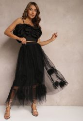 Czarna Spódnica High Waist z Gumką w Talii o Siateczkowym Wykończeniu Vikkissa. Czarne spódniczki damskie Renee, m, bez wzorów, eleganckie, z podwyższonym stanem, maxi, dopasowane. Za 119.99 zł.