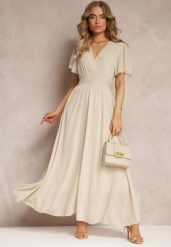 Beżowa Rozkloszowana Sukienka z Kopertowym Dekoltem Obillis. Brązowe sukienki damskie Renee, na imprezę, uniwersalny, bez wzorów, eleganckie, bez kołnierzyka, bez ramiączek, maxi, kopertowe. Za 129.99 zł.