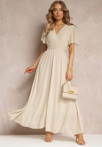 Beżowa Rozkloszowana Sukienka z Kopertowym Dekoltem Obillis. Brązowe sukienki damskie Renee, na imprezę, uniwersalny, bez wzorów, eleganckie, bez kołnierzyka, bez ramiączek, maxi, kopertowe. Za 129.99 zł.
