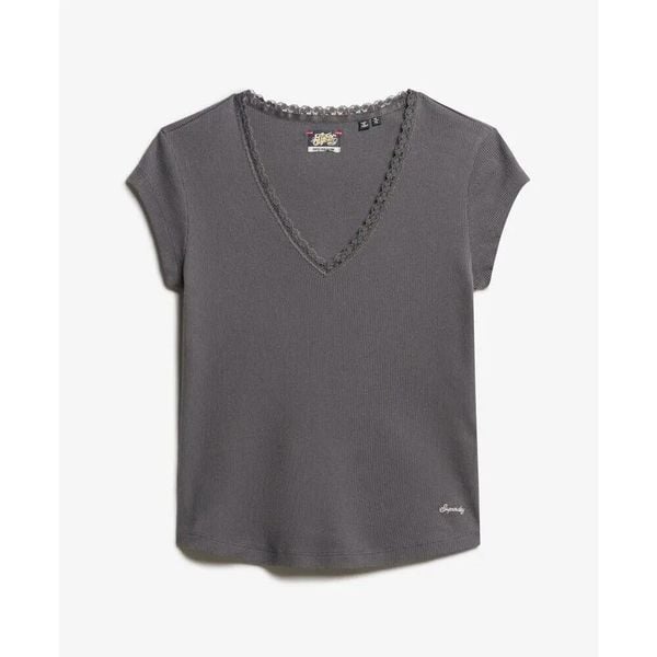 T-shirt z dekoltem w serek z koronkowym wykończeniem dla kobiet Superdry Athleti. Szare t-shirty damskie Superdry., l, bez wzorów, z bawełny, bez kołnierzyka. Za 142.00 zł.