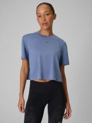 4F Koszulka do biegania szybkoschnąca damska - niebieska XS. Niebieskie bluzki sportowe damskie 4f, s, bez wzorów, z materiału, bez ramiączek. Za 119.99 zł.