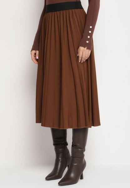 Brązowa Klasyczna Plisowana Spódnica z Gumką w Pasie Valentha. Brązowe spódniczki damskie Born2be, m, bez wzorów, z dzianiny, eleganckie, midi, dopasowane. Za 89.99 zł.