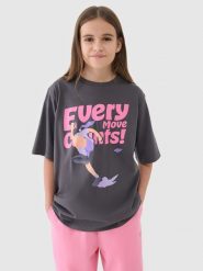 4F T-shirt oversize z nadrukiem dziewczęcy - szary 134 (8-9 lat). Szare koszulki dziewczęce 4f, bez wzorów, z bawełny, bez ramiączek. W wyprzedaży za 19.99 zł.