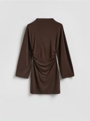 Sukienka z marszczeniem - ciemnobrązowy. Brązowe sukienki damskie Reserved, l, bez wzorów, z dzianiny, bez kołnierzyka, bez ramiączek, dopasowane. Za 139.99 zł.