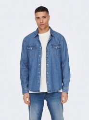 ONLY & SONS Koszula dżinsowa - Regular fit - w kolorze niebieskim rozmiar: M. Niebieskie koszule męskie Only & Sons, m, bez wzorów, z bawełny, bez kołnierzyka, bez ramiączek. Za 100.99 zł.