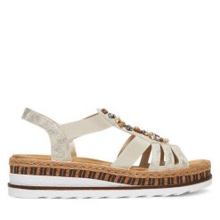 Sandały Rieker. Niebieskie sandały damskie Rieker, bez wzorów, bez obcasa, na koturnie. Za 239.99 zł.