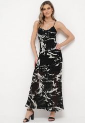 Czarna Sukienka Maxi Ozdobiona Marmurkowym Wzorem z Cienkimi Ramiączkami Fidellma. Czarne sukienki damskie Born2be, l, bez wzorów, eleganckie, bez kołnierzyka, bez ramiączek, maxi, rozkloszowane. W wyprzedaży za 127.99 zł.