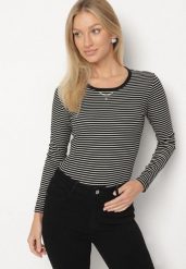 Czarna Bluzka Typu Longsleeve w Paski Ozdobiona Cyrkoniami Ralinella. Czarne bluzki damskie Born2be, l, z aplikacjami, z jeansu, eleganckie, bez kołnierzyka, bez ramiączek. Za 49.99 zł.