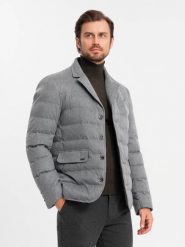 Kurtka męska o kroju marynarki z podpinką – szara V1 OM-JALP-0170 - XXL. Czarne kurtki męskie Ombre Clothing, bez wzorów, z materiału. Za 209.99 zł.