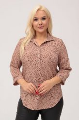 Elegancka brązowa koszula z kołnierzykiem w czarne kropki PLUS SIZE XXL. Brązowe koszule damskie Nasi partnerzy, plus size, bez wzorów, z poliesteru, eleganckie, bez kołnierzyka, plus size, bez ramiączek. Za 199.90 zł.