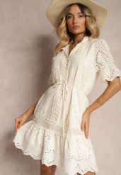 Jasnobeżowa Sukienka Boho z Bawełny Ozdobiona Ażurowym Wzorem Falbaną i Przewiązana Paskiem Nelah. Brązowe sukienki damskie Renee, na co dzień, l, w ażurowe wzory, z bawełny, boho, bez kołnierzyka, bez ramiączek, midi, proste. W wyprzedaży za 146.99 zł.