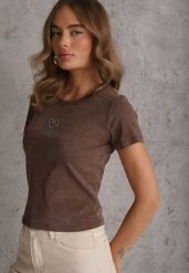 Brązowy T-shirt z Bawełny Ozdobiony Sercem z Cyrkonii Amythera. Brązowe t-shirty damskie Renee, m, z aplikacjami, z bawełny, bez kołnierzyka. Za 49.99 zł.