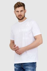 ARMANI EXCHANGE Biały t-shirt męski z białym logo. Białe t-shirty męskie Armani Exchange, l, bez wzorów, prążkowane, bez kołnierzyka. W wyprzedaży za 169.99 zł.