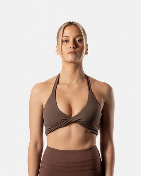 Damski stanik sportowy Twist z odkrytymi plecami – espresso. Brązowe biustonosze sportowe damskie AESTHETIC WOLF, bez wzorów, z materiału. Za 189.99 zł.
