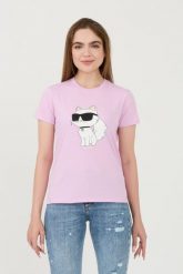 KARL LAGERFELD Lawendowy t-shirt Ikonik 2.0 Choupette. Fioletowe t-shirty damskie Karl Lagerfeld, xs, bez wzorów, bez kołnierzyka. W wyprzedaży za 299.99 zł.