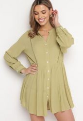 Zielona Koszulowa Sukienka w Stylu Boho z Rozkloszowanym Dołem Liorda. Zielone sukienki damskie Born2be, na lato, l, bez wzorów, boho, bez kołnierzyka, bez ramiączek, mini, koszulowe. W wyprzedaży za 103.99 zł.