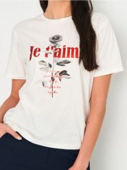 Koszulka z nadrukiem - kremowy. Białe t-shirty damskie Sinsay, l, bez wzorów, bez kołnierzyka. W wyprzedaży za 14.99 zł.