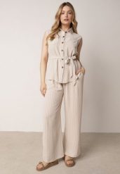 Beżowy Wiskozowy Komplet Szerokie Spodnie i Koszula Bez Rękawów z Wiązaniem Zanran. Brązowe koszule damskie Born2be, bez wzorów, z tkaniny, eleganckie. Za 139.99 zł.