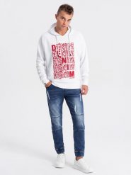 Spodnie męskie marmurkowe JOGGERY z przetarciami - niebieskie V4 OM-PADJ-0153 - L. Niebieskie spodnie materiałowe męskie Ombre Clothing, bez wzorów, z bawełny. W wyprzedaży za 89.99 zł.