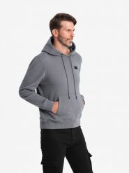Męska bluza dresowa kangurka z kapturem i metalowym pinem – szara V1 OM-SSNZ-0141 - XXL. Szare bluzy z kapturem męskie Ombre Clothing, l, z bawełny. W wyprzedaży za 89.99 zł.
