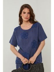 Rodier Lin Lniana koszulka w kolorze granatowym rozmiar: XL/XXL. Niebieskie bluzki damskie Rodier Lin, xl, bez wzorów, ze lnu, bez kołnierzyka, bez ramiączek. Za 149.66 zł.